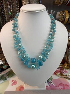 Vintage Japan Aqua Blue Lucite Layered Bead Necklace
